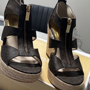 Michael Kors Black Leather Espadrille Wedge Sandals with Gold Zipper